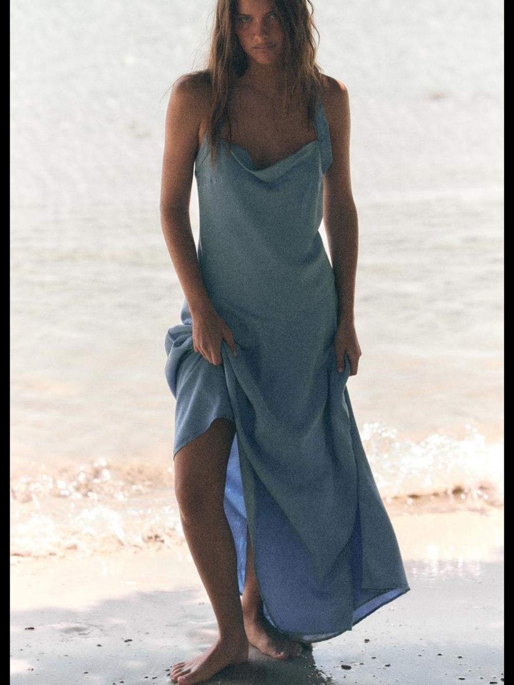 Zara Pale Blue Cowl-Neck Slip Midi Dress